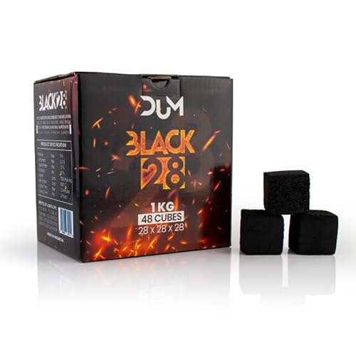 DUM BLACK28 - Charbon Naturel en Coquilles de Noix de Coco pour Chicha, Longue Durée, 1kg (48 Cubes) - Combustion Propre et Écologique