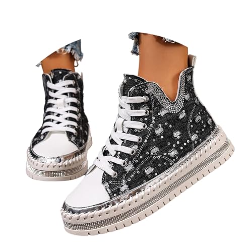 Generisch Zapatillas de plataforma de moda, zapatos casuales de mezclilla con diamantes de imitación, cómodas pantuflas deslizables, Negro , 43 EU