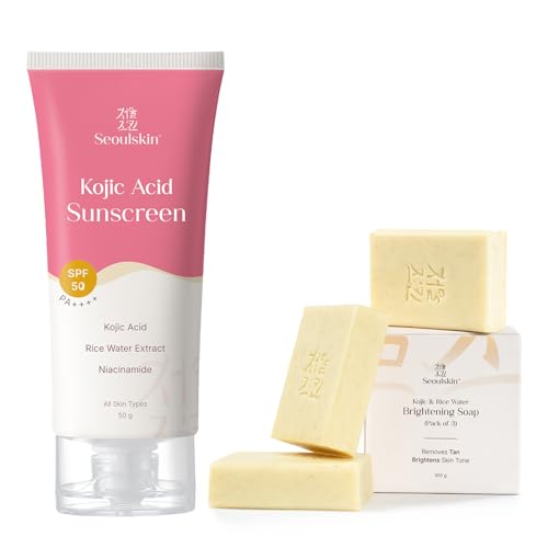 Image of Seoulskin Kojic Acid Sunscreen SPF 50 PA++++ 50g + Kojic & Rice Water Brightening Soap Pack of 3 (300g) | Combo for Pigmentation, Dark Spots & Tan Removal | Korean Skincare | Non-Greasy | No White Cast | For Men & Women