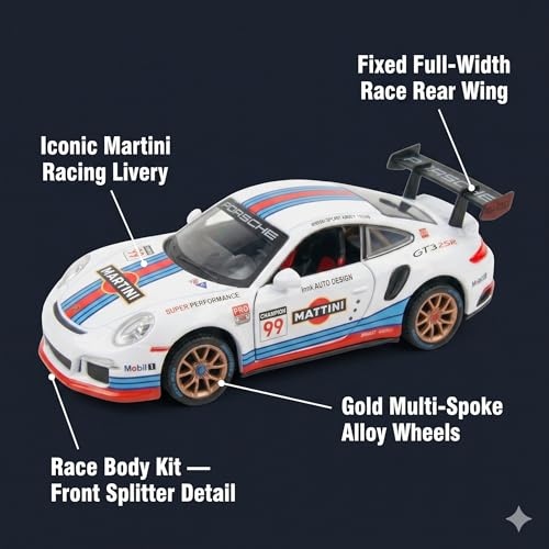 Image of Porsche 911 GT3 RSR 1:32 Scale Die-Cast Car Model - Martini Racing Livery Fixed Rear Wing Pull-Back Alloy Metal Race Car Toy for Kids & Collectors