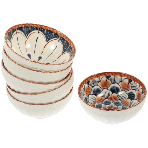 ledmomo 6個 日式釉下彩印花陶瓷小鉢 食洗機対応 おしゃれで便利な再利用可能ご飯茶碗 フルーツやデザート用多用途サービングボウル