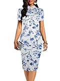 oxiuly Women's Vintage Floral Flare Stretch Stand Collar Work Pencil Dress OX183 (M, White)