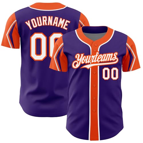 Camiseta de béisbol personalizada para hombres, mujeres, jóvenes y niños, color púrpura, blanco y naranja, con nombre, número y logo estampados y cosidos miniatura 1