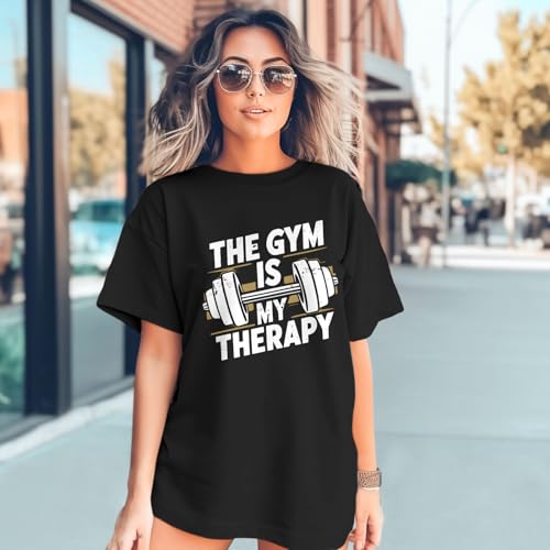 Funny Gym Shirts for Women Workout Weight Lifting Tshirts Weightlifting Graphic Oversized Gym is My Therapy Tee Tops2