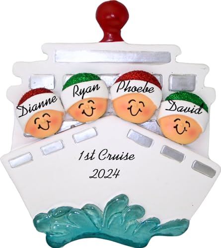 Cruise Ship Personalized Christmas Ornament - Travellers 1-5 People - Hand Painted - Resin - Customized with Names, Cruise, and Year (Family of 4)