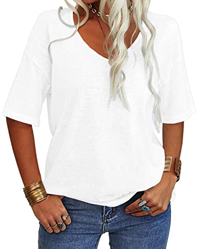 Tankaneo Damen V-Ausschnitt Kurzarm T-Shirt Casual Lose Basic Sommer Tops Halbarm Oversized Tunika Tee