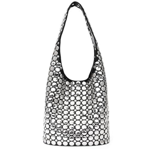 Women's Studded Y2k Hobo Bag 90s Punk Crescent Shoulder Purse Soft PU Leather Tote Handbag