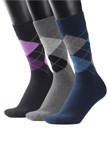 COTTON DAY Men's Premium Soft Combed Cotton Trouser Dress Socks Seamless Toe Black Gray Blue Argyle Striped Shoe Size 8-12