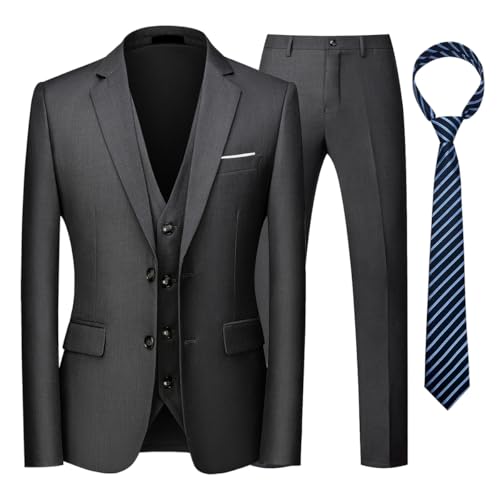KUDORO Costume Homme 3 Pièces pour Mariage Business Slim Fit Smoking à Deux Boutons Blazer Veste et Pantalon Gilet avec Cravate(Gris Foncé,M)