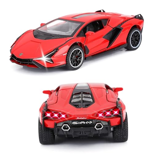 Image of 1:32 Scale Lamborghini SIAN Toy Car | Metal Pullback Diecast Car for Kids with Openable Doors, Sound, Light Effects Toy for Car Enthusiasts (RED)