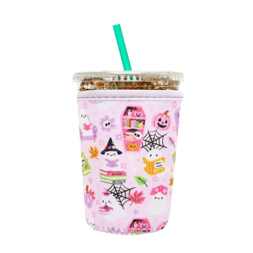 Image of Insulated Neoprene Cup Sleeve for Iced Coffee & Cold Soda - Reusable & Sweatproof, Keeps Drinks Cold Longer, Coffee Coolie for Hot & Iced Drinks (Halloween Ghost & Book, Small: 16-18oz)