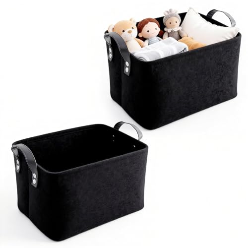 FuYelng 2 Pièces Panier de Rangement Feutre Noir avec Poignées, 34 X 24 X 20 cm Petit Panier Rangement Tissu, pour Vêtements Jouets Vêtements Produits de...