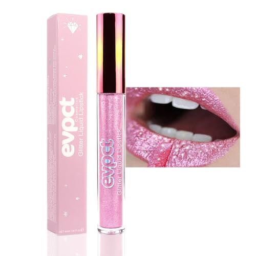 Image of evpct 1Pcs Pink Glitter Metallic Shimmer Diamond Lipstick Lip Gloss for Women, Long Lasting Waterproof Glitter Lipgloss, Light Bright Rose Pink Sparkle Glitter Matte Liquid Lipstick Lip Makeup Kit 09#