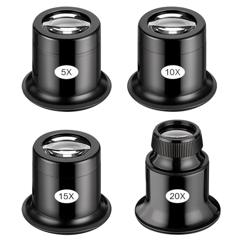 JIYIN Lot de 4 loupes d'horloger - 5x/10x/15x/20x - Loupe oculaire en verre - Pour réparation de diamants, montres, timbres, électriciens, couture,...