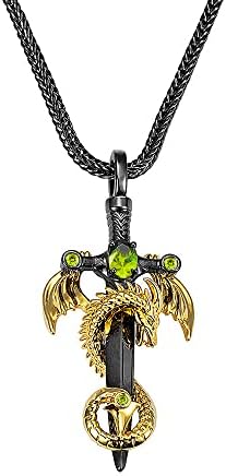 Cherbijou Dragon Sword Necklace Cool Dragon Pendant for Men Copper Punk Dragon Wing Necklace Black Sword and Gloden Dragon Cross Pendant Birthstone Necklace for Boys