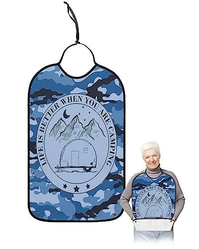 LEOKOTI Blue Camouflage RV Camping Truck Adult Bibs for Eating, Waterproof Bibs with Food Catcher & Adjustable Snap Closure, Retro Travel Washable Clothing Protectors Adult Bibs for Elderly Women/Men