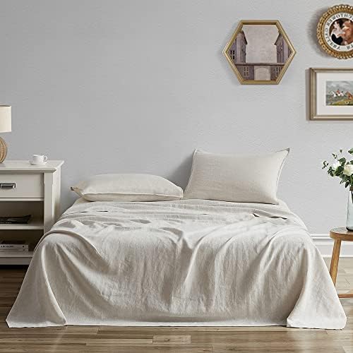GIORCIS 100% Linen Sheet Set - Stone Washed Pure Natural French Flax Bedding 16" Deep Pocket Soft Breathable Durable 4Pcs Set- 1 Flat Sheet, 1 Fitted Sheet, 2 Pillowcases (Natural Linen, Queen)