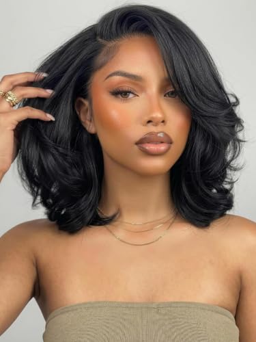 Image of KLAIYI Bye Bye Slip Layer Cut Yaki Straight Bye Bye Knots Bob Wig Human Hair Glueless Drawstring Precut 7x5 Lace Front Wigs Pre Plucked Bleached Ready to Wear and Go Beginners Wig 180% Density 14Inch
