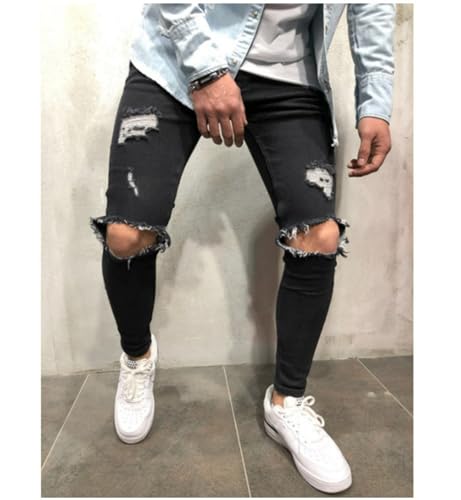 Jeans Pants Trouser Denim Street Trendy Piercing Water Wash Blue Grinding White Stretch Tight Leg for Men4