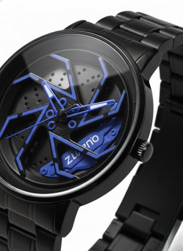 Image of Men's Spinning Car Wheel Design Analog Watch | Black Dial Stainless Steel Strap | Stylish Casual Fashion Wrist Watch for Men | Unique Gift Watch