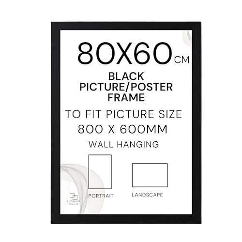 EMPORIUM RETAIL FRAMES Black 80X60cm Picture Frame - 800x600mm Black Poster Frame Wood, Styrene Acrylic Glass, MDF Back & Hooks - Portrait or Landscape Ideal for Gallery Wall Decorations