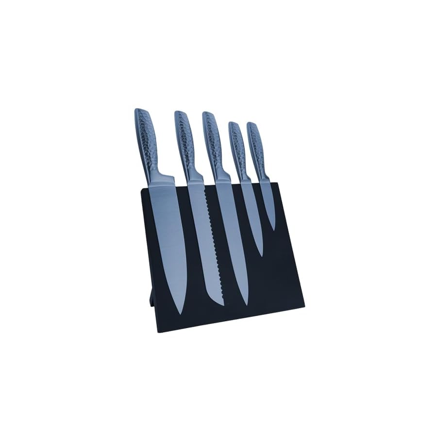 Kitchen Knife Set, 6-Pieces Blue Titanium Coated Knife Block Set with Wood Magnetic Knife Block, Non-stick & Non-slip Stainless Steel Sharp Chef Knife Set, Knives Set for Home Kitchen (Blue)