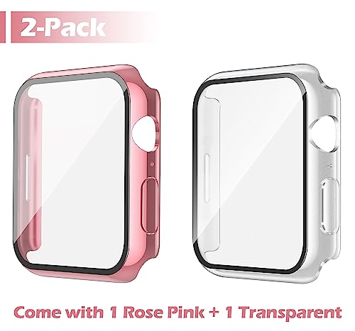 Image of Misxi [2 Pack] for Apple Watch SE 3 (2025) SE 2 SE Series 6 Series 5 Series 4 44mm Waterproof Case with Button, Tempered Glass Screen Protector Cover for iWatch, 1 Rose Pink + 1 Transparent