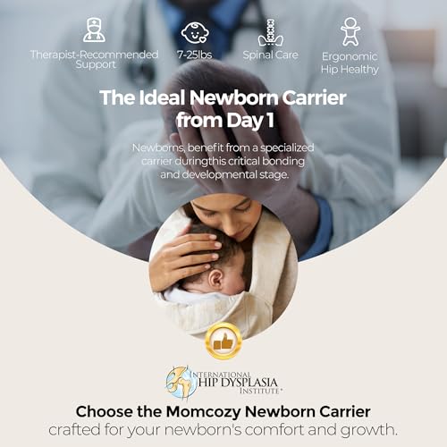 Image of Momcozy Newborn Carrier WeeSnug - Lightweight and Cozy Comfort for 7-25 lbs | Ergonomic Cross-Back Support and Lumbar Pad, Effortless to Put On, 100% Soft Cotton, OEKO-TEX, Visual Size Scale, Geometry