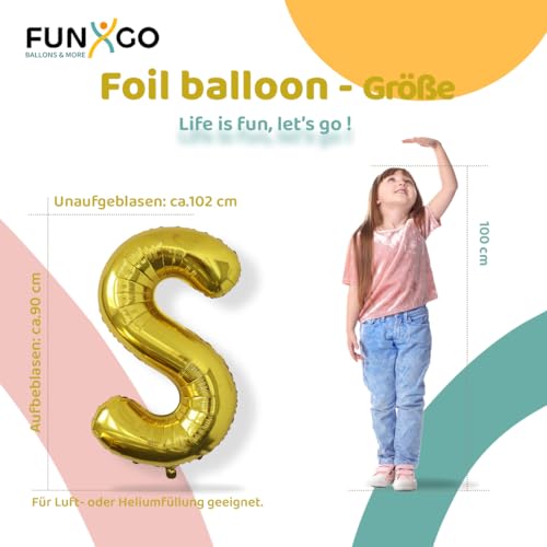 FUNXGO XXL Folienballon Buchstabe S Gold Glänzend ca. 100cm - Riesen Alphabet Ballon - Helium oder Luftfüllung - Ideal für Geburtstag, Hochzeit, Jubiläum, Party Deko & JGA - Ballon S Gold