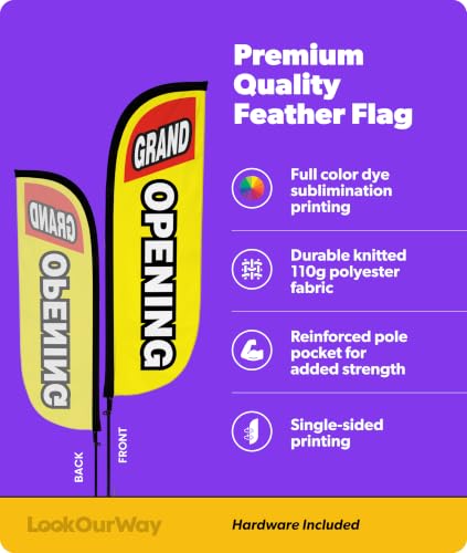 Image of LookOurWay Feather Flag Pole Kit - 7 Feet Tall Advertising Banner with Fiberglass Pole Set and Ground Spike for Business Promotion - Open Flags - Grand Opening Yellow & Red