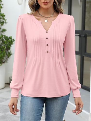 Women's Puff Long Sleeve Tops Pleated V Neck T Shirts Henley Button Tunic Blouses2
