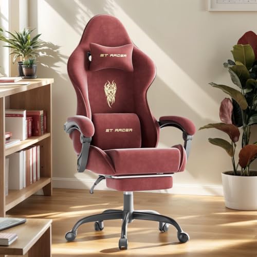 Image of Soontrans Velvet Fabric Gaming Chair for Adult, Ergonomic Comfortable Video Gamer Chair with Footrest, Reclining Office Computer Desk Game Chairs with Massage Lumbar Cushion,Headrest