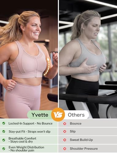 Image of Yvette Women's Sports Bra Front Zipper High Impact Support Mesh Racerback | Plus Size Friendly,Sewn-in Pads Stay Put,Wirefree & Supportive,Breathable,Secure Zip Closure,For Large Bust,Running,Gym,HIIT