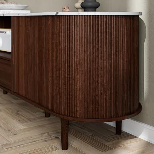 Image of DHH 71 inch Fluted TV Stand with Power Outlet for TVs up to 80 inch, TV Console with Adjustable Shelves and Sliding Door,Mid Century Modern Entertainment Center for Living Room,Bedroom (Walnut+Marble)