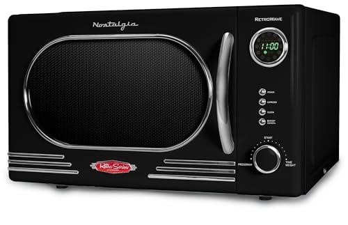 Nostalgia NRMO11BK6A 1000 Watt Power Retro Countertop Microwave Oven Easy to Clean with Removable Glass Turntable-Child Safety Lock-12 Programs-Digital Clock, 1.1 Cu. Ft, Black