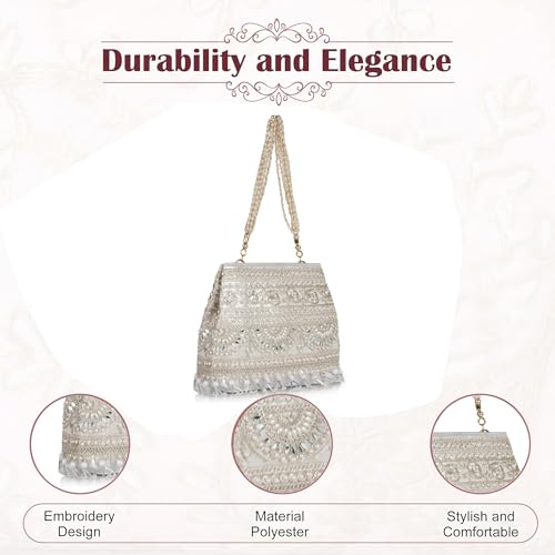 Image of Nevis Stylish Embroidery Unique Design Traditional Wedding Party Handheld Potli Bag For Women (SILVER)