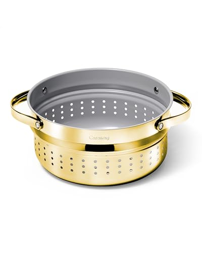 Image of Caraway Steamer - Stainless Steel Steamer with Handles - Non Stick, Non Toxic Coating - Steam Veggies, Seafood, and More - Compatible With Our Dutch Oven or Sauce Pan - Large, 6.5qt - Gold