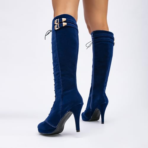 Image of getmorebeauty Womens Knee High Boots Suede Buckle Rock Lace Up Zipped Thigh High Heel Boots