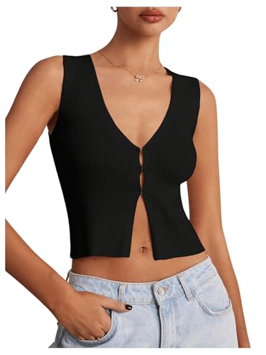 Image of GORGLITTER Women's Knit Top V Neck Sleeveless Button Down Sweater Vest