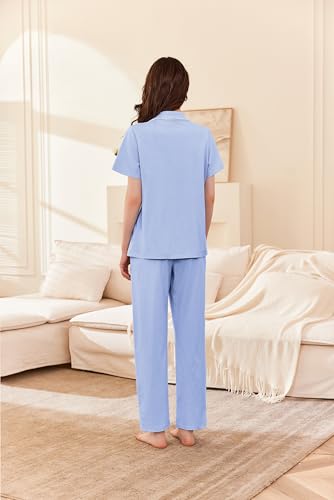 Image of Ekouaer Women's 100% Cotton Pajamas Set Short Sleeve Button Down Pjs 2 Piece Soft Sleepwear with Long Pants Lounge Set