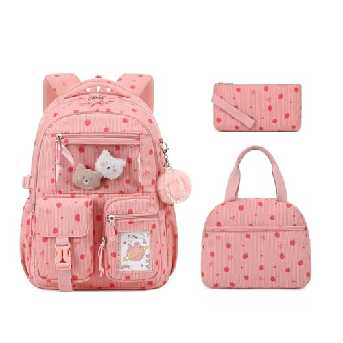 ASKSKY 3 IN 1 Girls Backpack for School, Cute Corduroy School Backpack for Girls, Kawaii Ita Bookbag, Lightweight Kids Backpacks for Elementary Middle School Teen Girl Travel Daypack, Pink Strawberry
