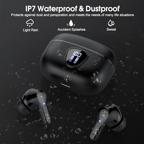 Image of Wireless Earbuds, Bluetooth 5.4 Headphones HiFi Stereo, Bluetooth Earbuds with ENC Noise Cancelling Mic, IP7 Waterproof in Ear Earphones, 48H, LED Display Ear buds for Pad Phones Workout Sports, Black