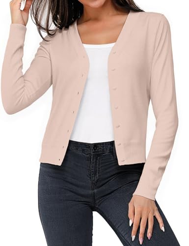 Aottori Cardigan Mujer Elegante Bolero Cuello V Manga Larga Chaqueta Básica con Botones Jersey Ligero Sólida Casual Abrigo Ropa Beige XL
