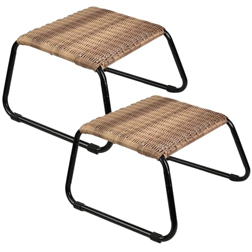 Deugold Outdoor Patio Footstools,PE Rattan Ottoman Wicker Foot Rest,Small Balcony Furniture Additional Seating Side Table for Outside 2 Set Beige