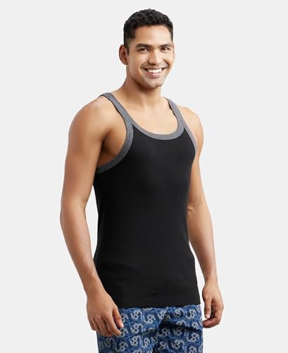 Image of Jockey US27 Men's Super Combed Cotton Rib Square Neck Gym Vest (Shoulder Strap Color May Vary) Black & Charcoal S