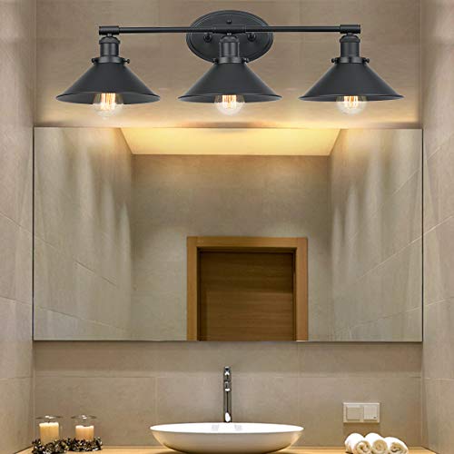 Topotdor Industrial 3-Light Wall Sconces with Black Metal Lamp Shade,Vintage Farmhouse Wall Light Fixture with E26 Base Socket for Bedroom Bathroom Mirror Cabinets Dressing Table (Black) - Thumbnail 5