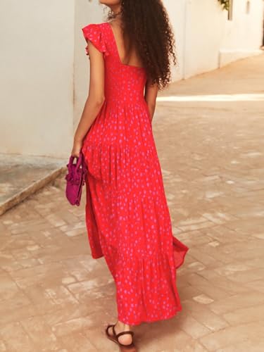 MASCOMODA Womens Summer Maxi Dress Casual V Neck Cap Sleeve Smocked Dresses Ruffle Tiered Beach Party Long Flowy Sundresses4