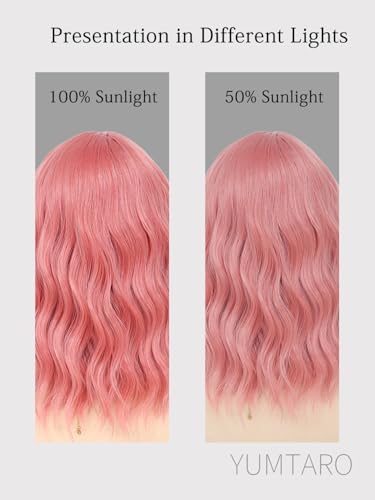 Image of Pastel Pink Wavy Bob Wig for Women, Short Shoulder Length Synthetic Wig with Bangs, Natural Looking Lightweight Hairpiece for Gift & Cosplay Costume Party