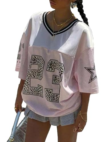 Anuedgis Damen Y2k Oversized Jersey Shirts Cute V Neck Number Graphic Basketball T-Shirt Sommer Ausgehen Varsity Top Ästhetische Kleidung, A-Pink, S