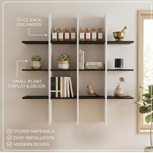Image of Modern Wooden Wall Shelf for Living Room & Bedroom - Decorative Wall Mounted for Books, Showpieces & Home Decor - Multi-Compartment Floating Wall Organizer Black & White